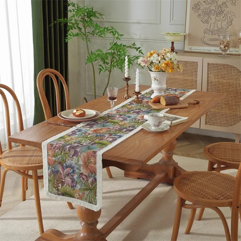 Khăn trải bàn Jacquard họa tiết hoa, vải cotton pha cho phòng ăn