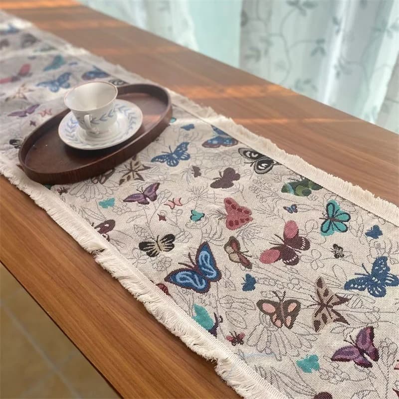 Khăn trải bàn phong cách đồng quê Mỹ vải cotton linen họa tiết hoa và tua rua