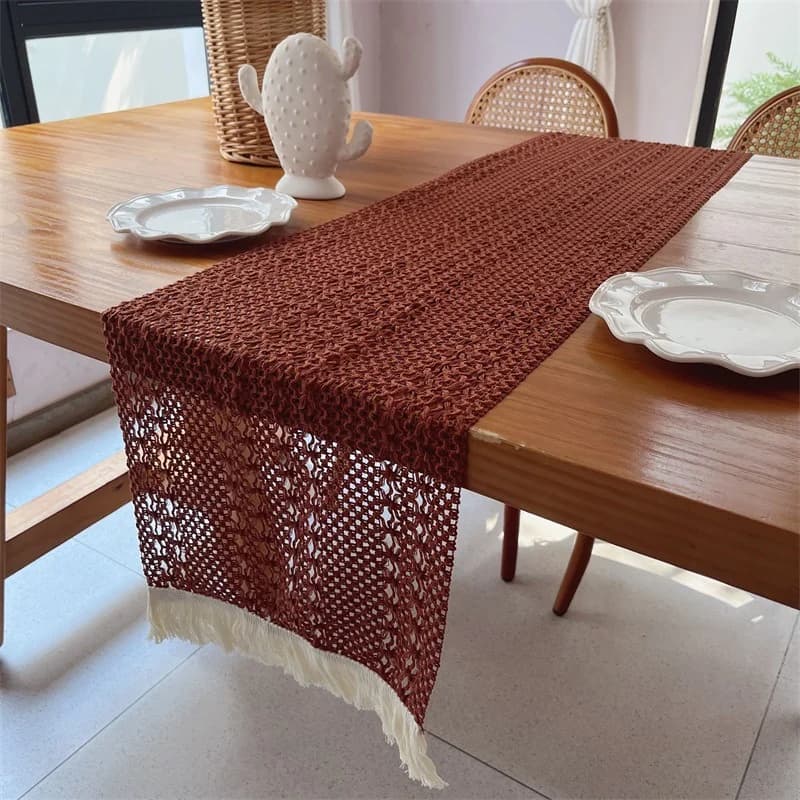 Khăn trải bàn ren cotton mộc mạc có tua rua trang trí bàn ăn